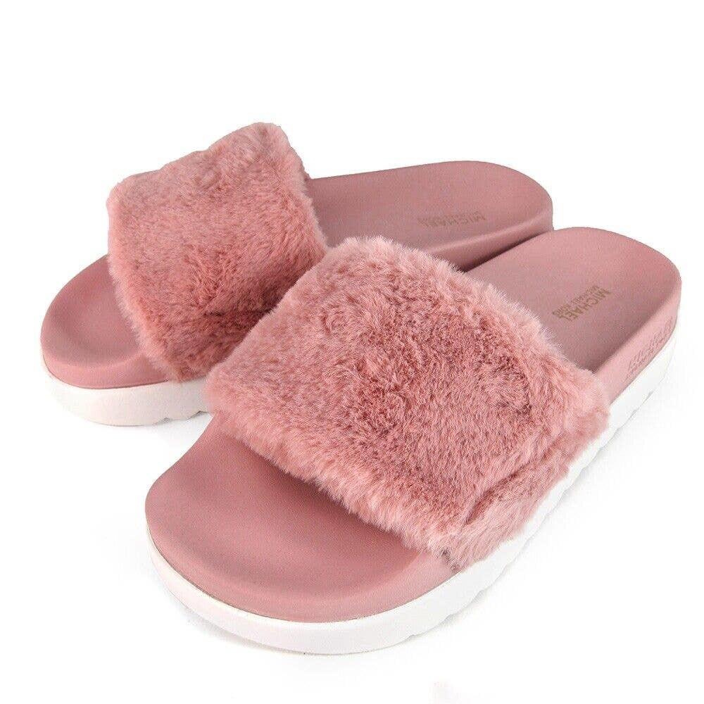 Michael Kors TRIXIE Short Faux Fur Slide Sandal Sunset Rose/Pink 7/8/9/10 Nib